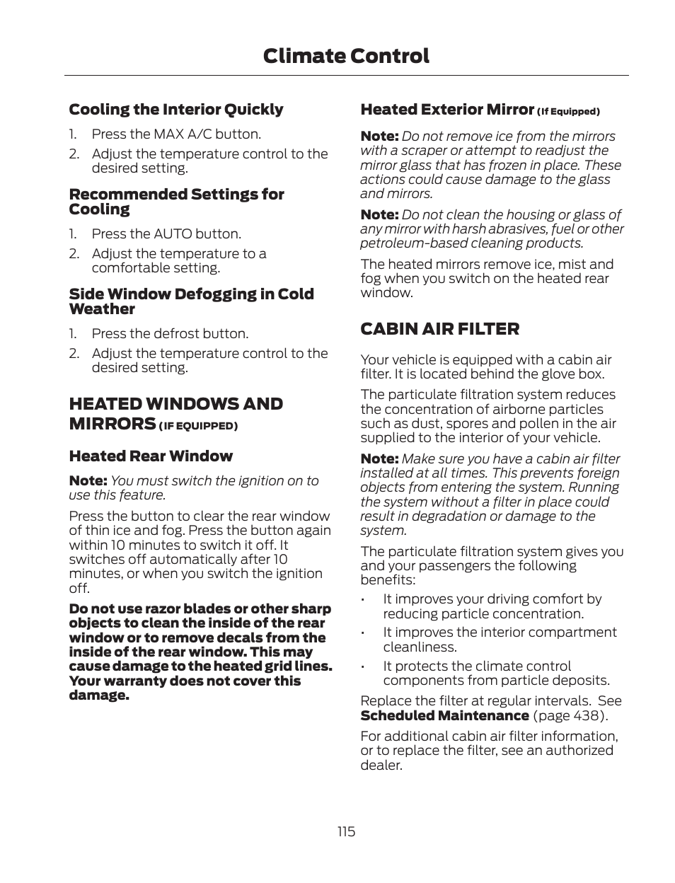 Climate control, Heated windows and mirrors, Cabin air filter | FORD 2013 Fusion Hybrid v.2 User Manual | Page 118 / 470