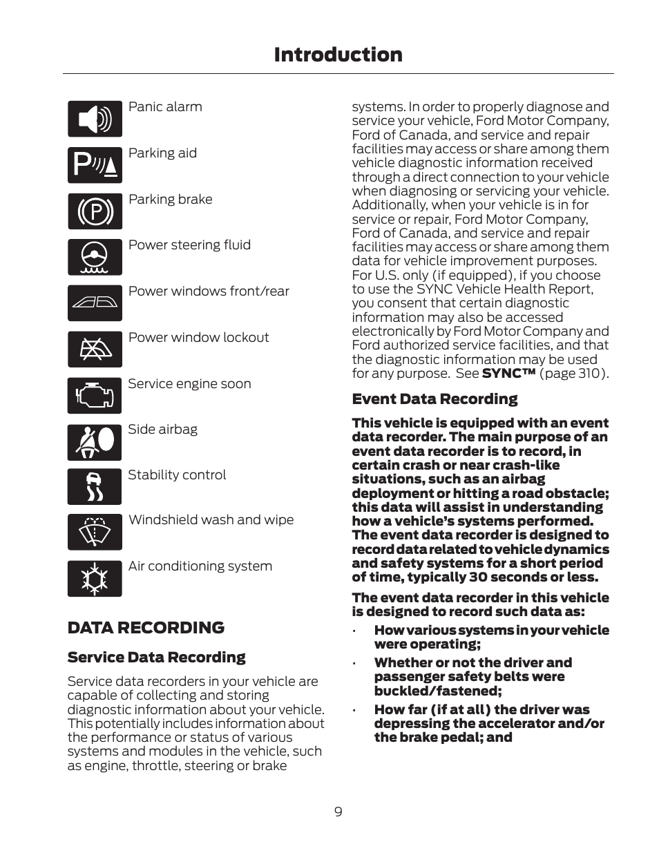 Introduction, Data recording | FORD 2013 Fusion Hybrid v.2 User Manual | Page 12 / 470