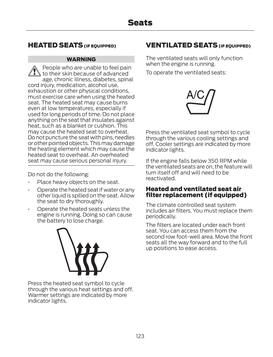 Seats, Heated seats, Ventilated seats | FORD 2013 Fusion Hybrid v.2 User Manual | Page 126 / 470