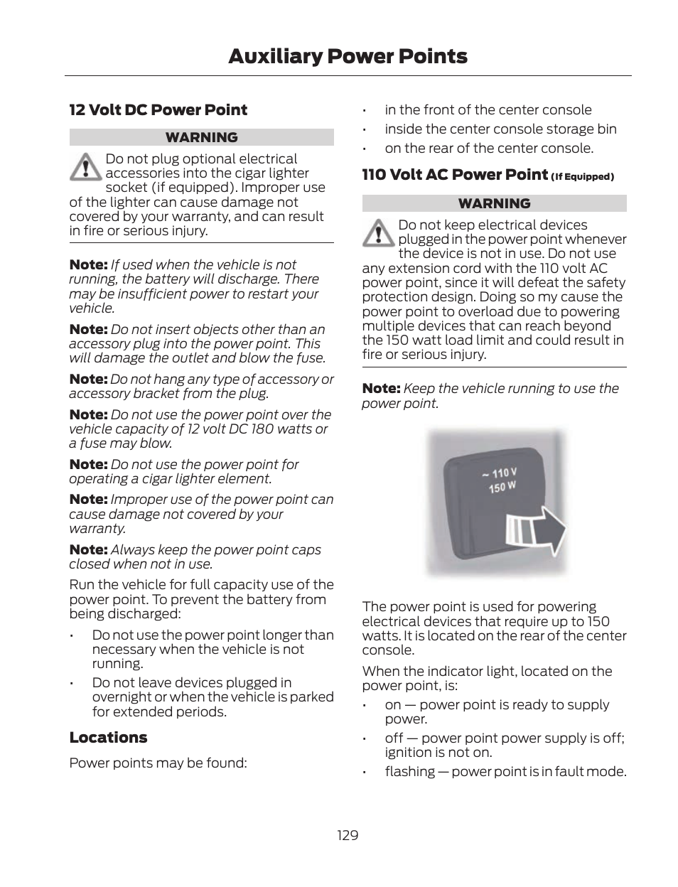 Auxiliary power points | FORD 2013 Fusion Hybrid v.2 User Manual | Page 132 / 470