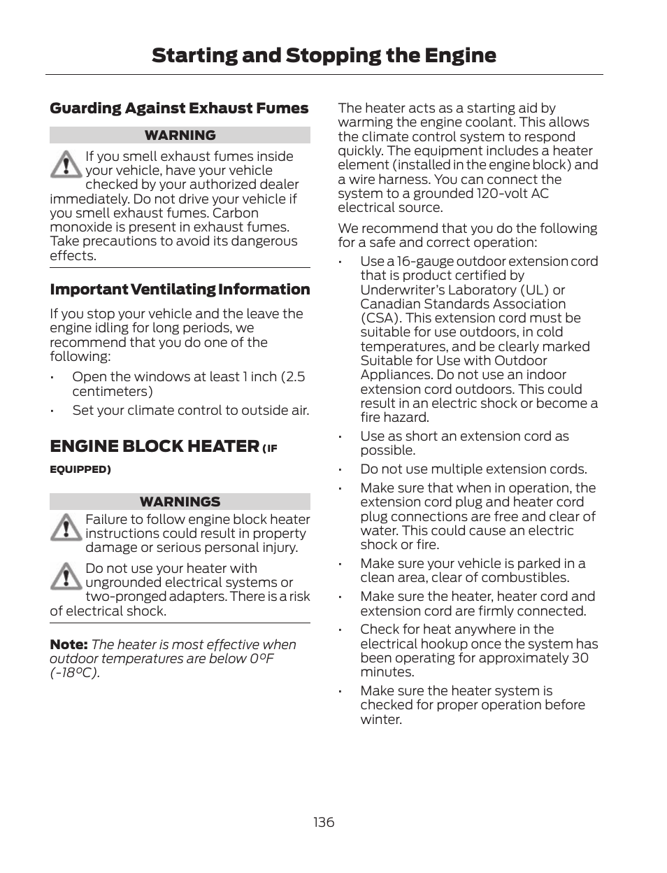 Starting and stopping the engine, Engine block heater | FORD 2013 Fusion Hybrid v.2 User Manual | Page 139 / 470