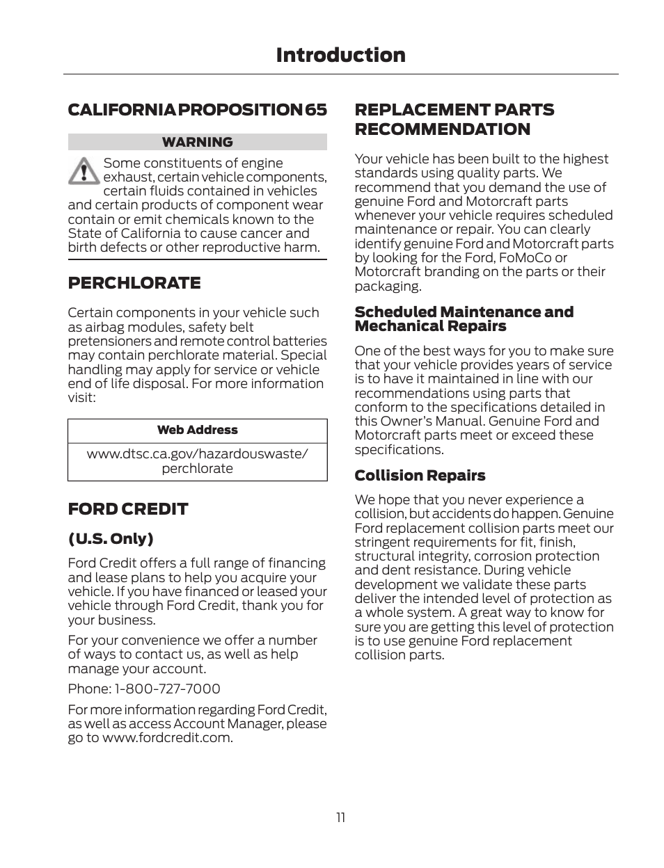 Introduction, California proposition 65, Perchlorate | Ford credit, Replacement parts recommendation | FORD 2013 Fusion Hybrid v.2 User Manual | Page 14 / 470