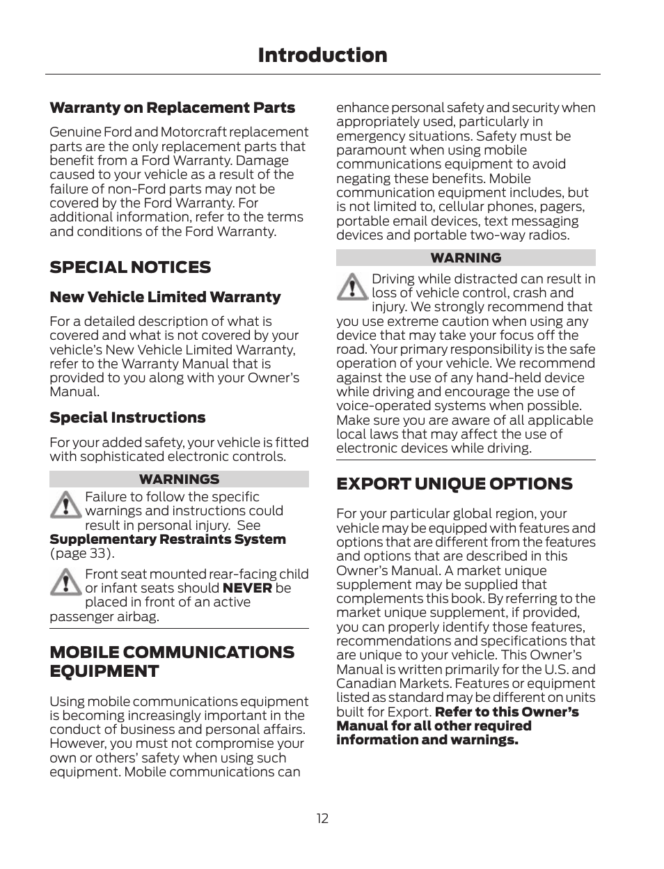 Introduction, Special notices, Mobile communications equipment | Export unique options | FORD 2013 Fusion Hybrid v.2 User Manual | Page 15 / 470