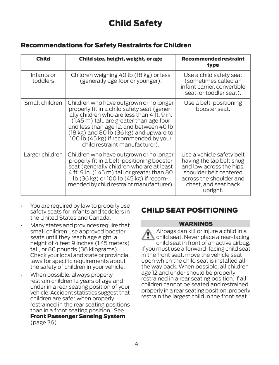 Child safety, Child seat positioning | FORD 2013 Fusion Hybrid v.2 User Manual | Page 17 / 470