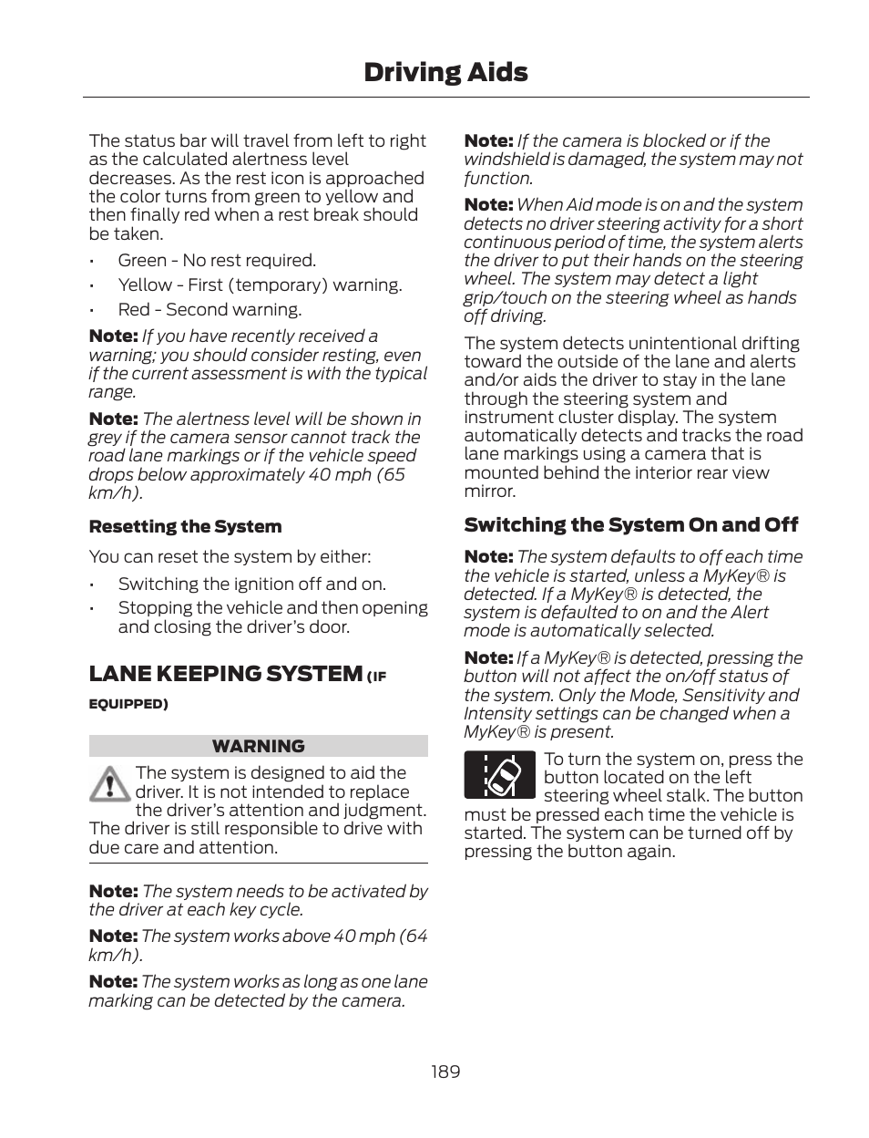 Driving aids, Lane keeping system | FORD 2013 Fusion Hybrid v.2 User Manual | Page 192 / 470