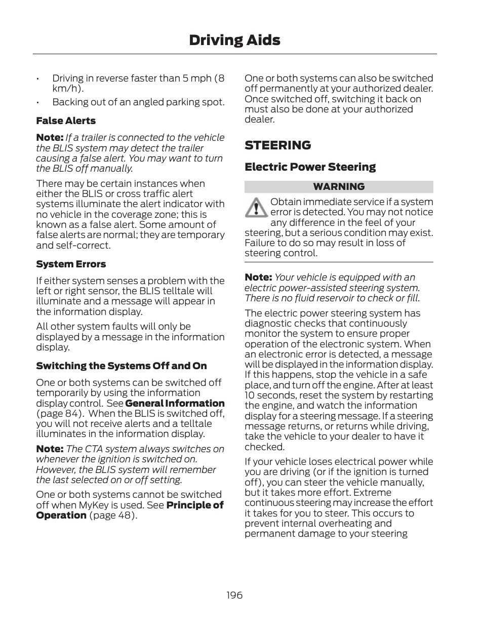 Driving aids, Steering | FORD 2013 Fusion Hybrid v.2 User Manual | Page 199 / 470