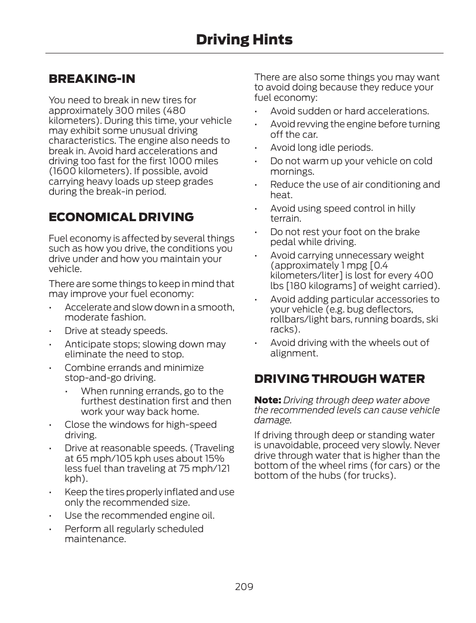 Driving hints, Breaking-in, Economical driving | Driving through water | FORD 2013 Fusion Hybrid v.2 User Manual | Page 212 / 470