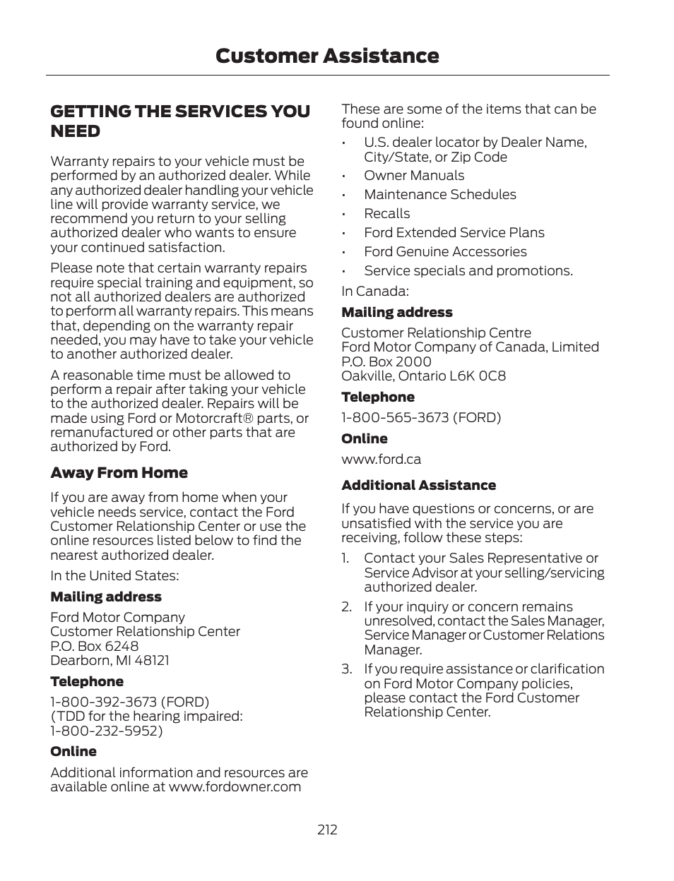 Customer assistance, Getting the services you need | FORD 2013 Fusion Hybrid v.2 User Manual | Page 215 / 470