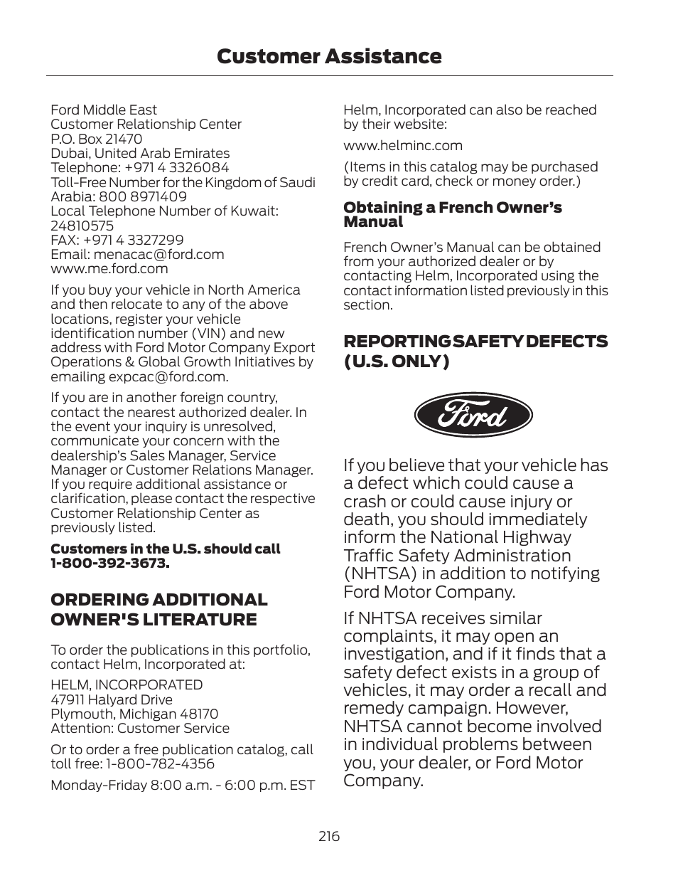 Customer assistance, Ordering additional owner's literature, Reporting safety defects (u.s. only) | FORD 2013 Fusion Hybrid v.2 User Manual | Page 219 / 470