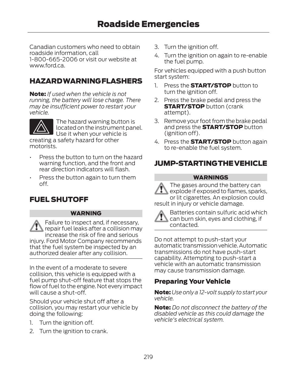 Roadside emergencies, Hazard warning flashers, Fuel shutoff | Jump-starting the vehicle | FORD 2013 Fusion Hybrid v.2 User Manual | Page 222 / 470