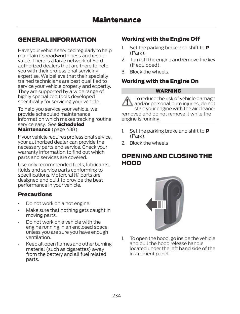 Maintenance, General information, Opening and closing the hood | FORD 2013 Fusion Hybrid v.2 User Manual | Page 237 / 470