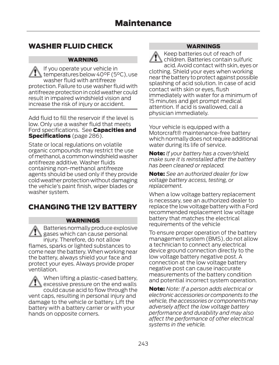 Maintenance, Washer fluid check, Changing the 12v battery | FORD 2013 Fusion Hybrid v.2 User Manual | Page 246 / 470