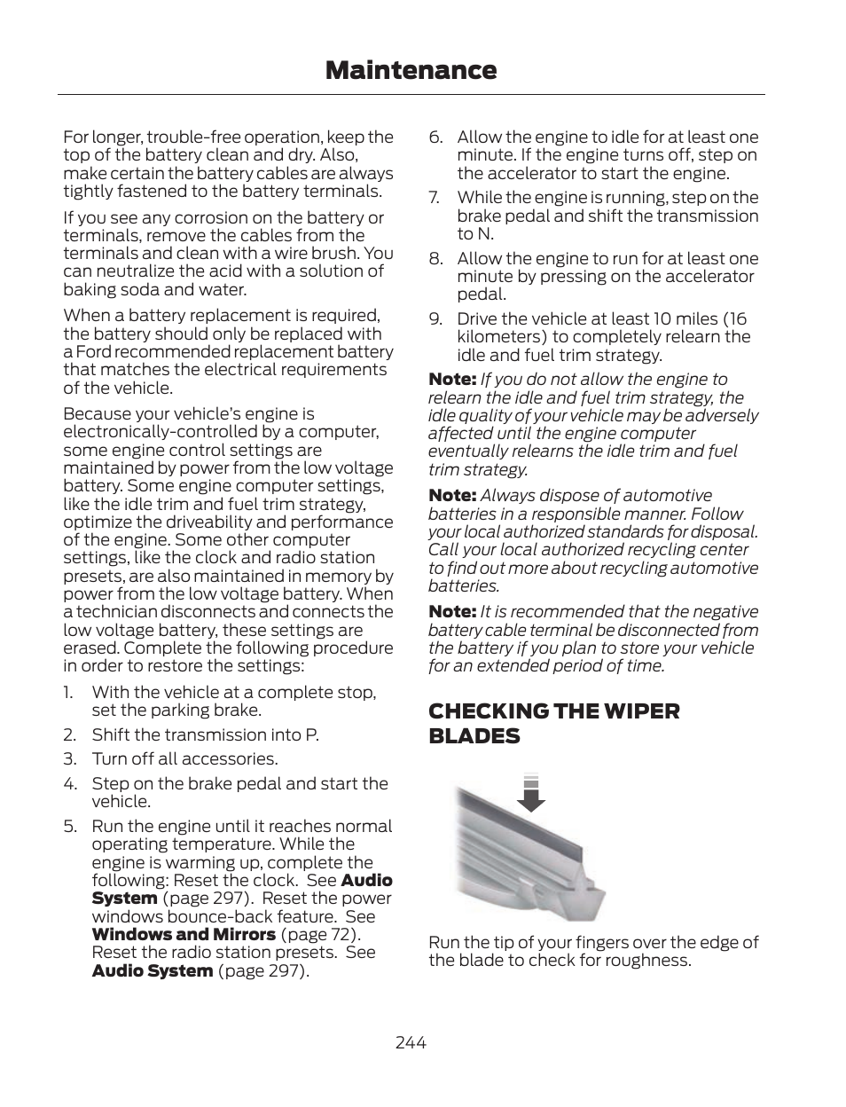 Maintenance, Checking the wiper blades | FORD 2013 Fusion Hybrid v.2 User Manual | Page 247 / 470