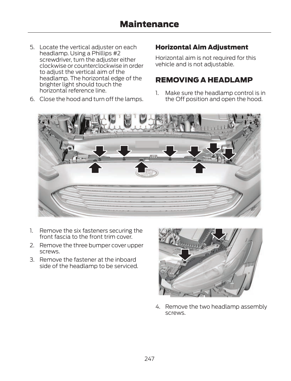 Maintenance, Removing a headlamp | FORD 2013 Fusion Hybrid v.2 User Manual | Page 250 / 470