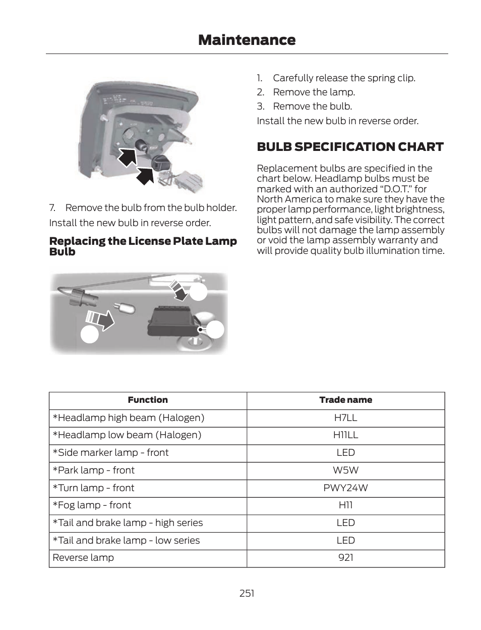 Maintenance, Bulb specification chart | FORD 2013 Fusion Hybrid v.2 User Manual | Page 254 / 470