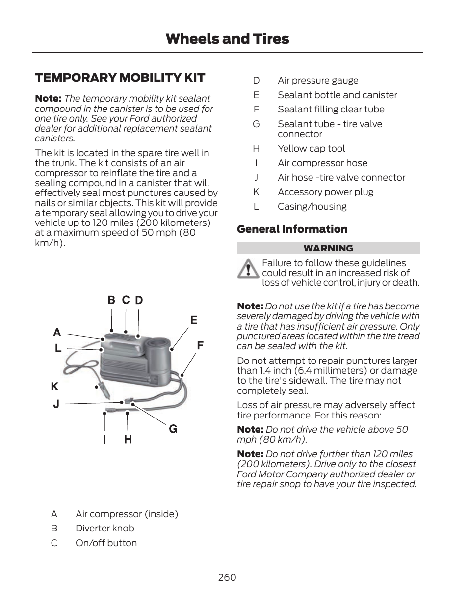 Wheels and tires, Temporary mobility kit | FORD 2013 Fusion Hybrid v.2 User Manual | Page 263 / 470