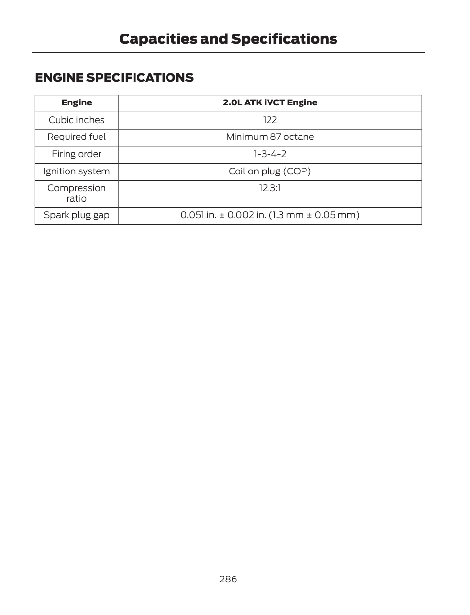 Capacities and specifications, Engine specifications | FORD 2013 Fusion Hybrid v.2 User Manual | Page 289 / 470