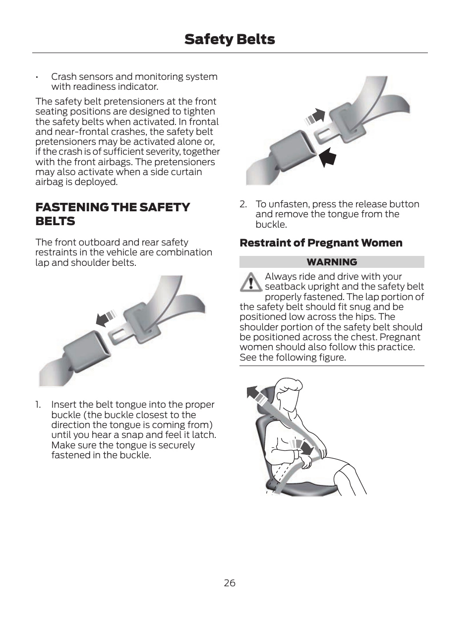 Safety belts, Fastening the safety belts | FORD 2013 Fusion Hybrid v.2 User Manual | Page 29 / 470