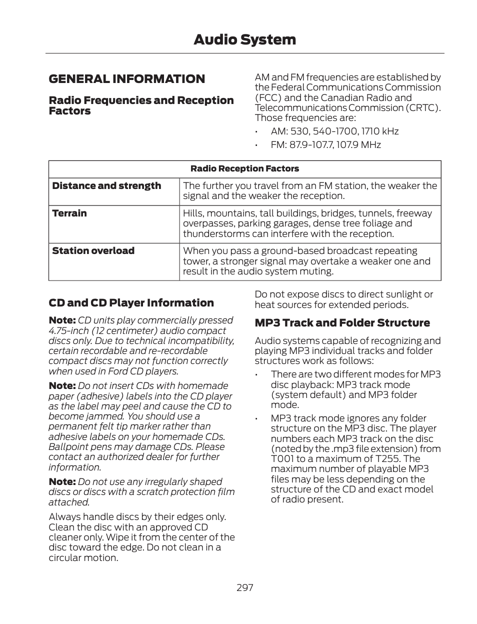 Audio system, General information | FORD 2013 Fusion Hybrid v.2 User Manual | Page 300 / 470