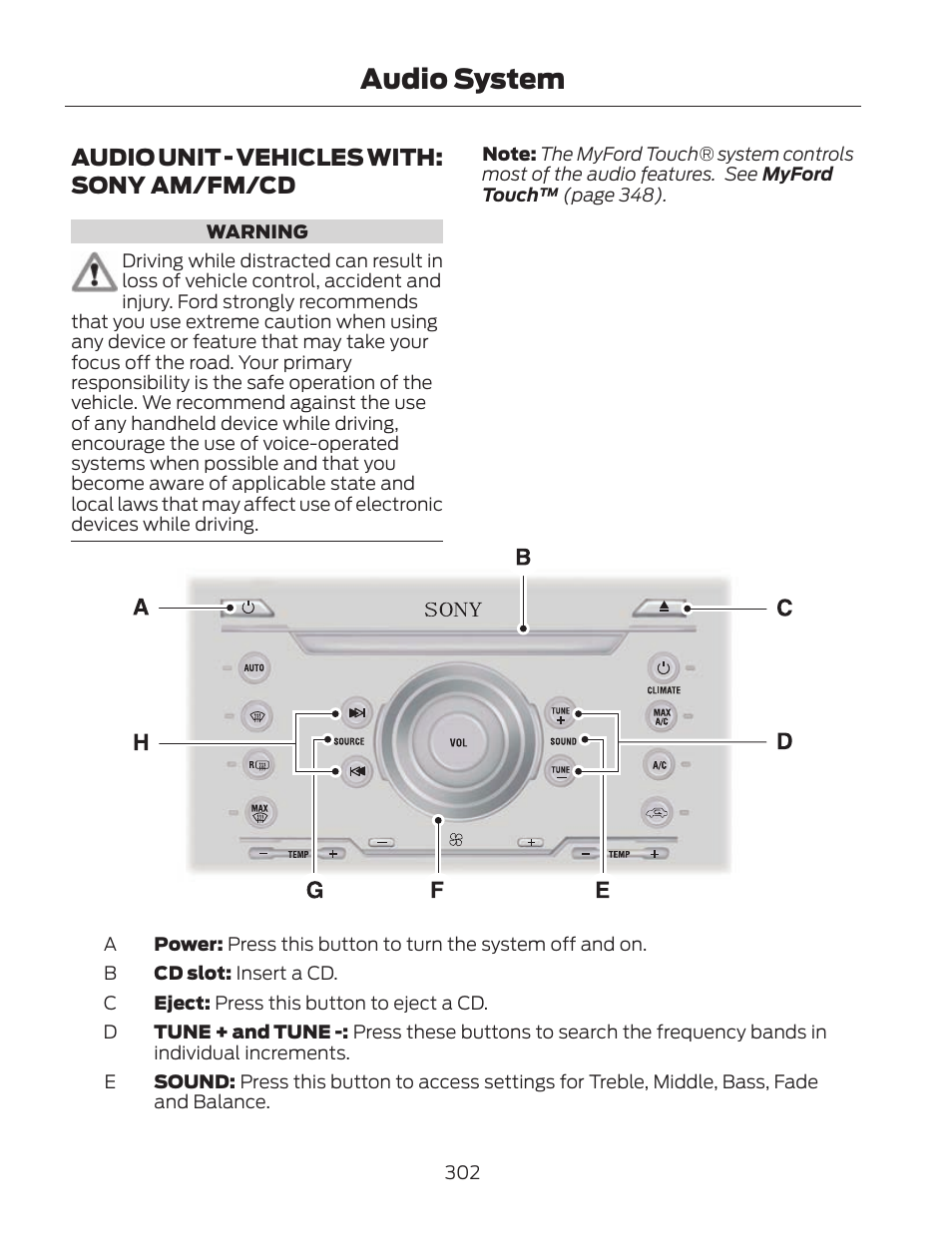 Audio system, Audio unit - vehicles with: sony am/fm/cd | FORD 2013 Fusion Hybrid v.2 User Manual | Page 305 / 470