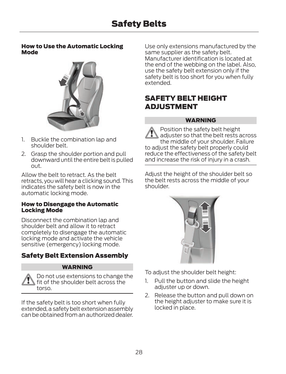 Safety belts, Safety belt height adjustment | FORD 2013 Fusion Hybrid v.2 User Manual | Page 31 / 470