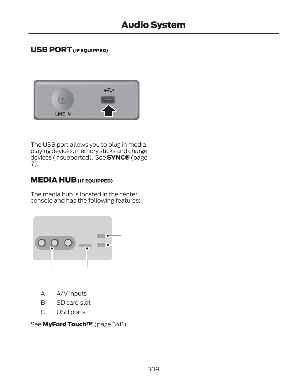 Audio system, Usb port, Media hub | Cb a | FORD 2013 Fusion Hybrid v.2 User Manual | Page 312 / 470