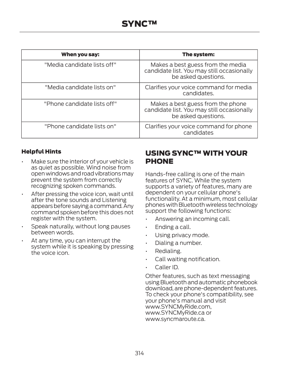 Sync, Using sync™ with your phone | FORD 2013 Fusion Hybrid v.2 User Manual | Page 317 / 470