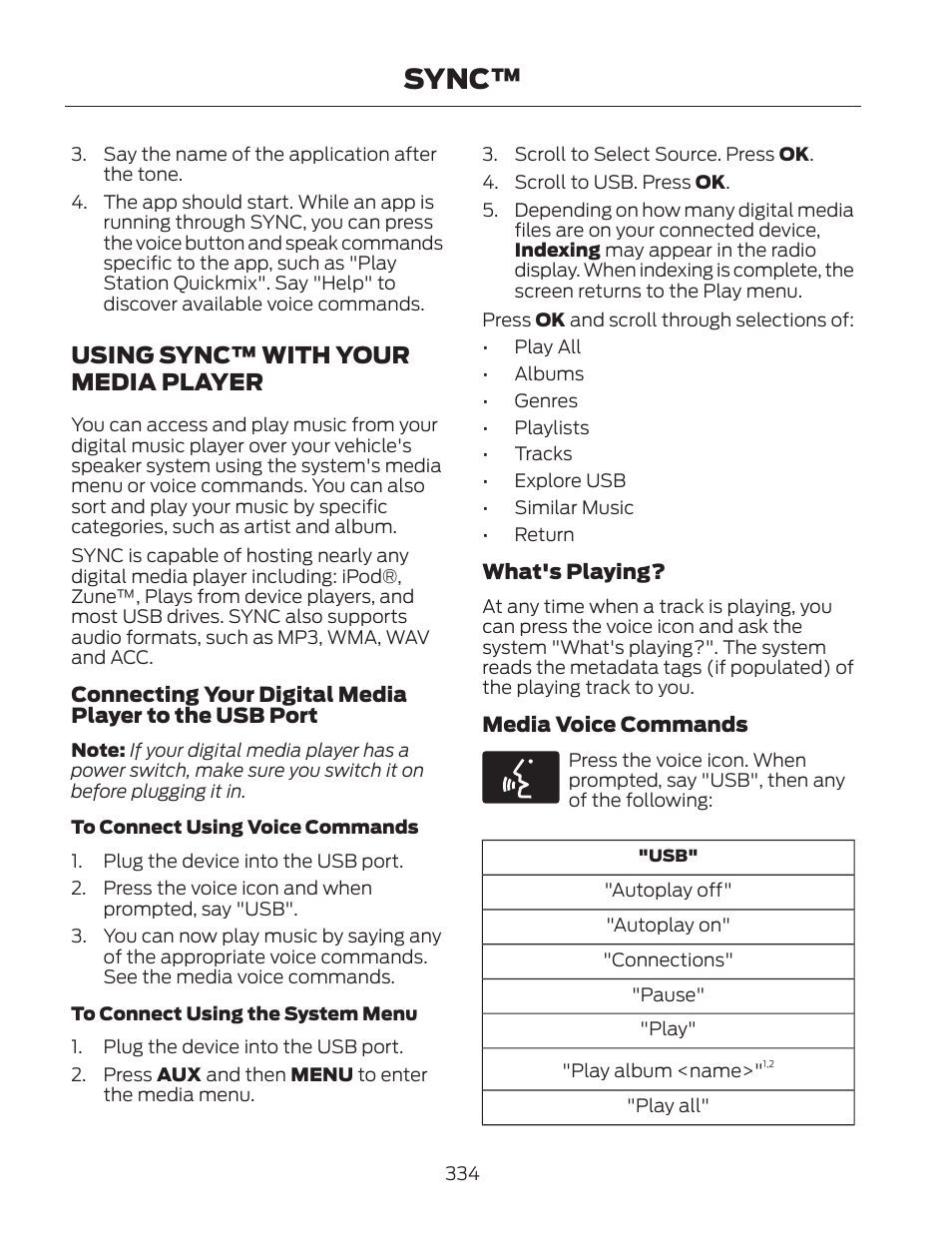 Sync, Using sync™ with your media player | FORD 2013 Fusion Hybrid v.2 User Manual | Page 337 / 470