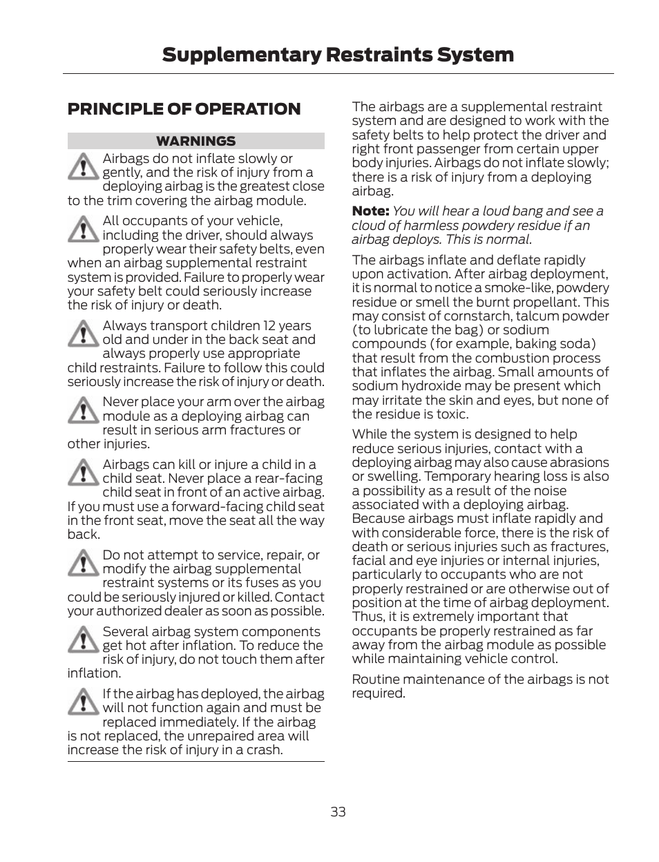 Supplementary restraints system, Principle of operation | FORD 2013 Fusion Hybrid v.2 User Manual | Page 36 / 470