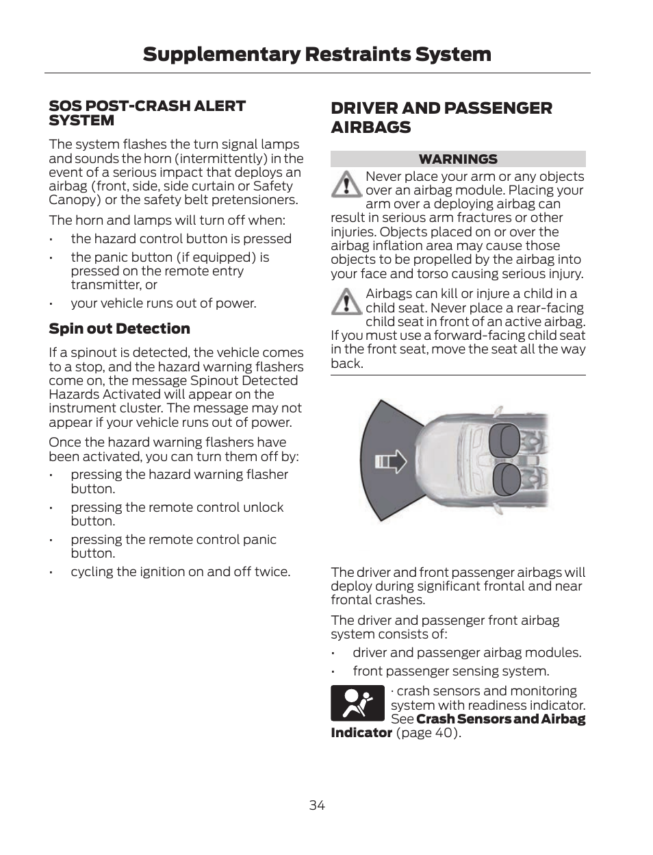 Supplementary restraints system, Driver and passenger airbags | FORD 2013 Fusion Hybrid v.2 User Manual | Page 37 / 470