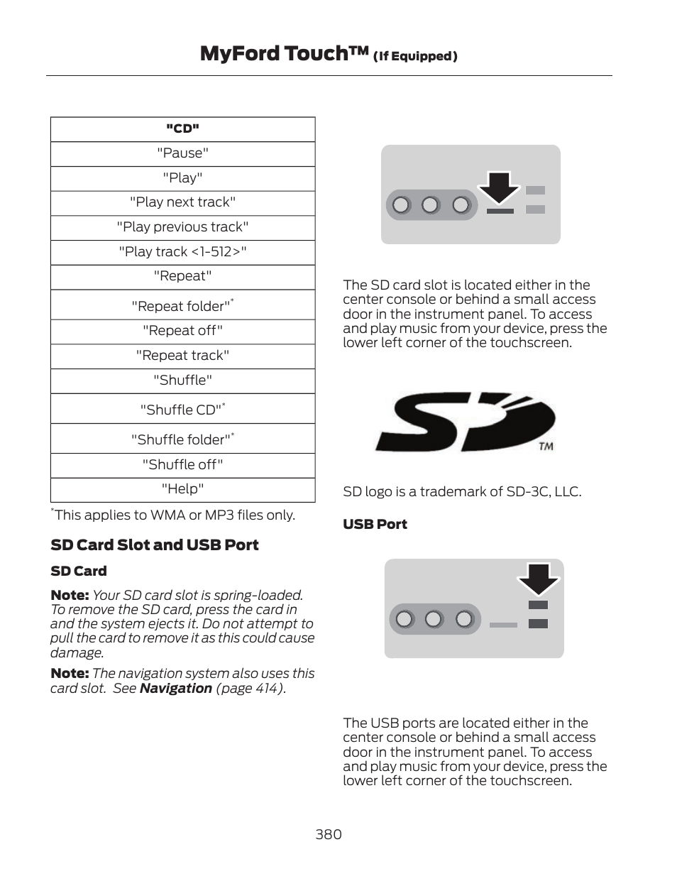 Myford touch, Sd card slot and usb port | FORD 2013 Fusion Hybrid v.2 User Manual | Page 383 / 470