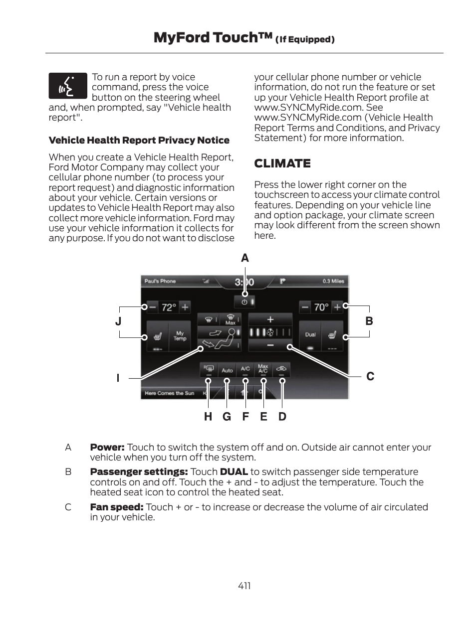Myford touch, Climate | FORD 2013 Fusion Hybrid v.2 User Manual | Page 414 / 470