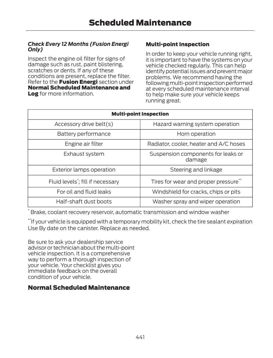 Scheduled maintenance | FORD 2013 Fusion Hybrid v.2 User Manual | Page 444 / 470