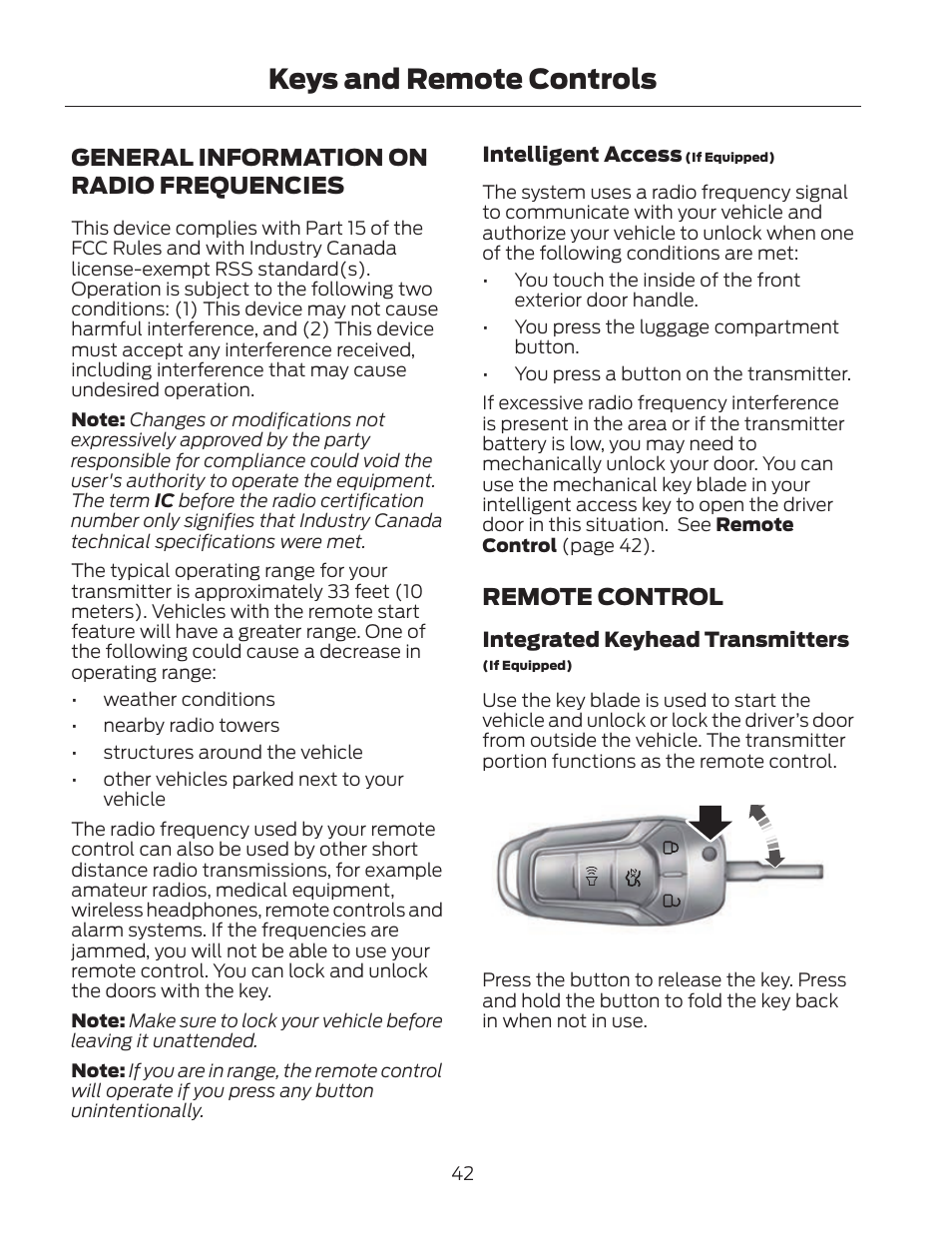 Keys and remote controls, General information on radio frequencies, Remote control | FORD 2013 Fusion Hybrid v.2 User Manual | Page 45 / 470