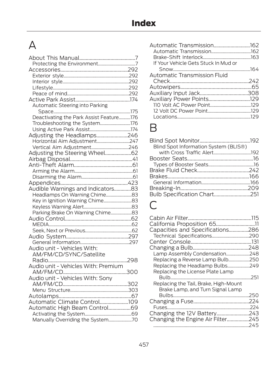Index | FORD 2013 Fusion Hybrid v.2 User Manual | Page 460 / 470