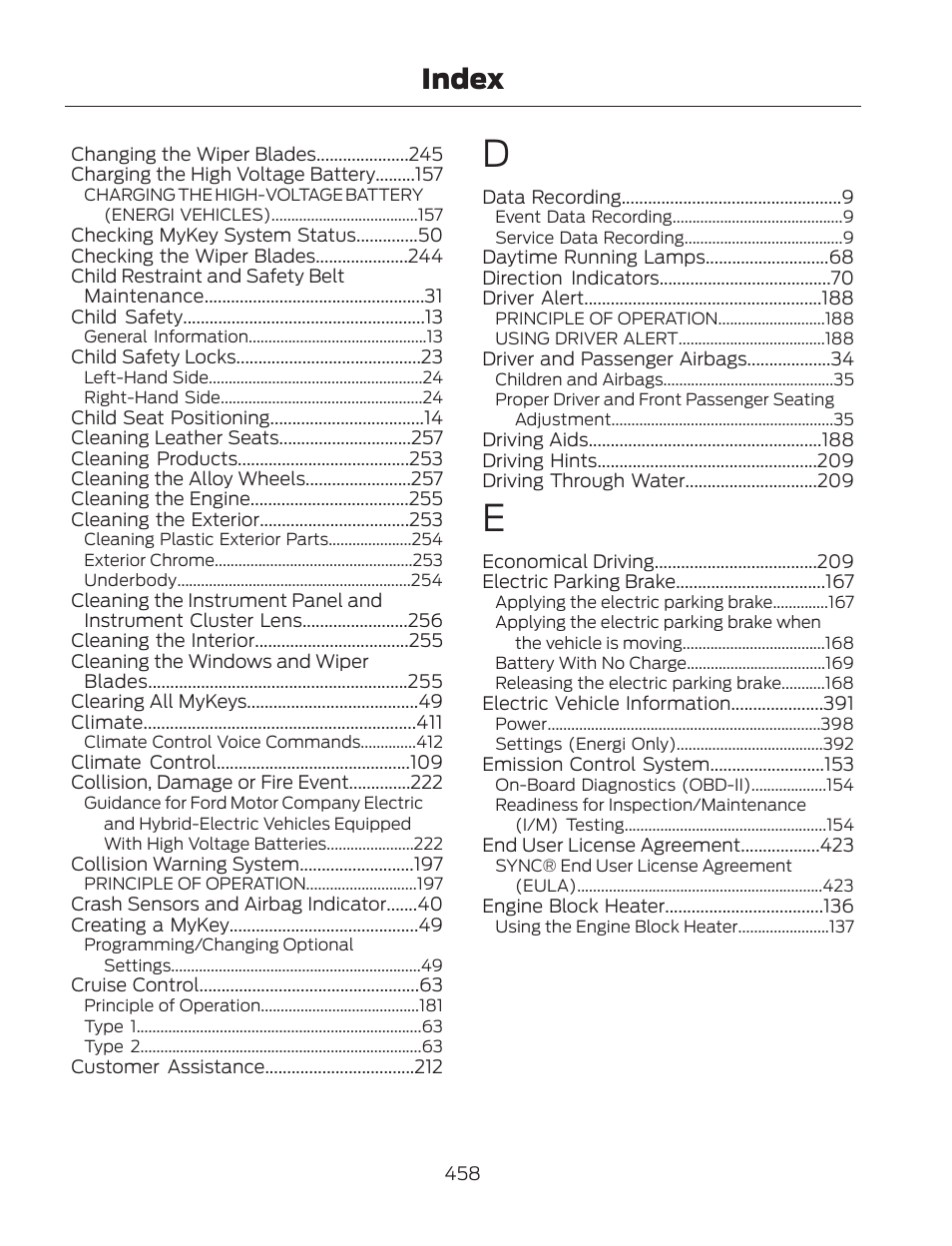 Index | FORD 2013 Fusion Hybrid v.2 User Manual | Page 461 / 470