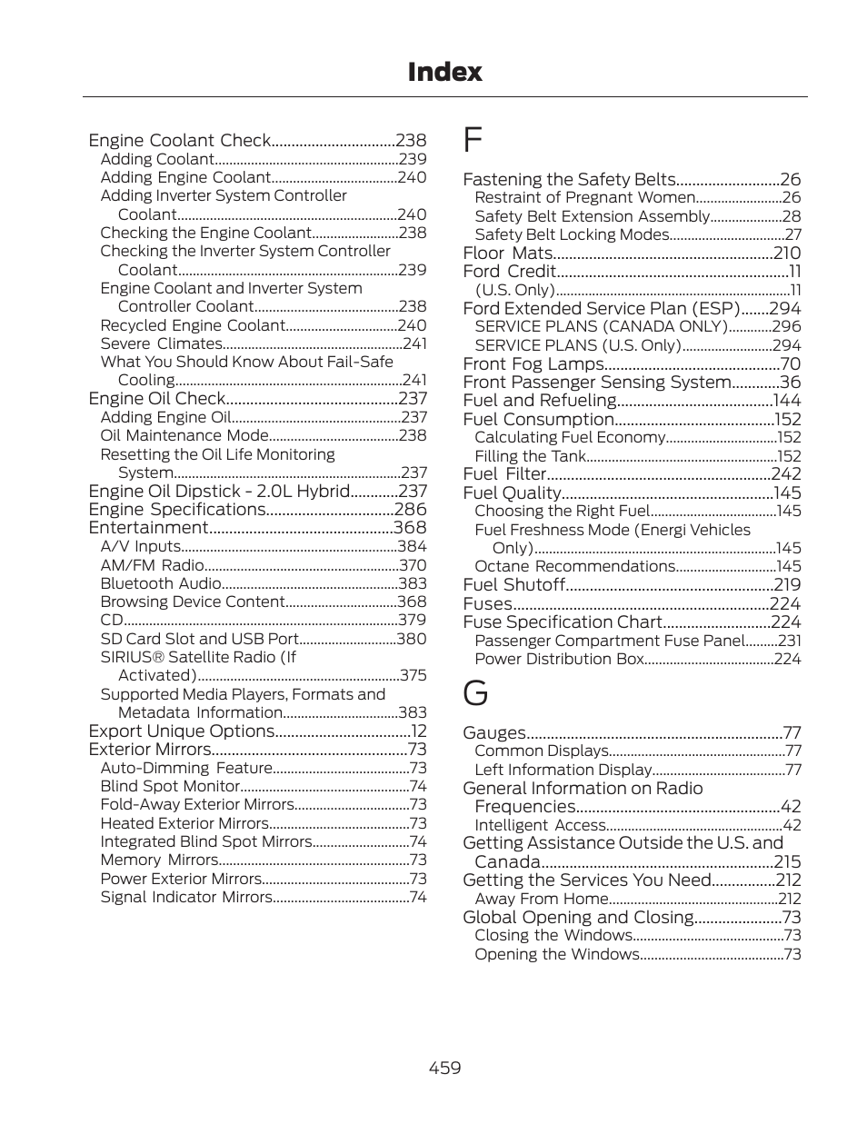 Index | FORD 2013 Fusion Hybrid v.2 User Manual | Page 462 / 470