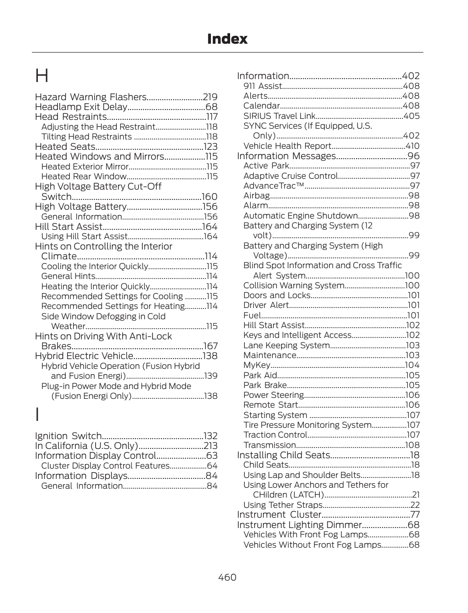 Index | FORD 2013 Fusion Hybrid v.2 User Manual | Page 463 / 470