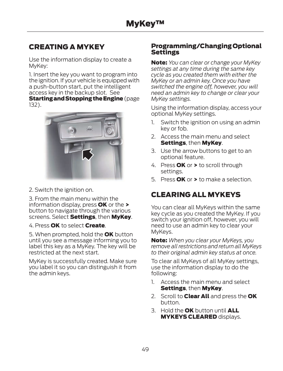 Mykey, Creating a mykey, Clearing all mykeys | FORD 2013 Fusion Hybrid v.2 User Manual | Page 52 / 470