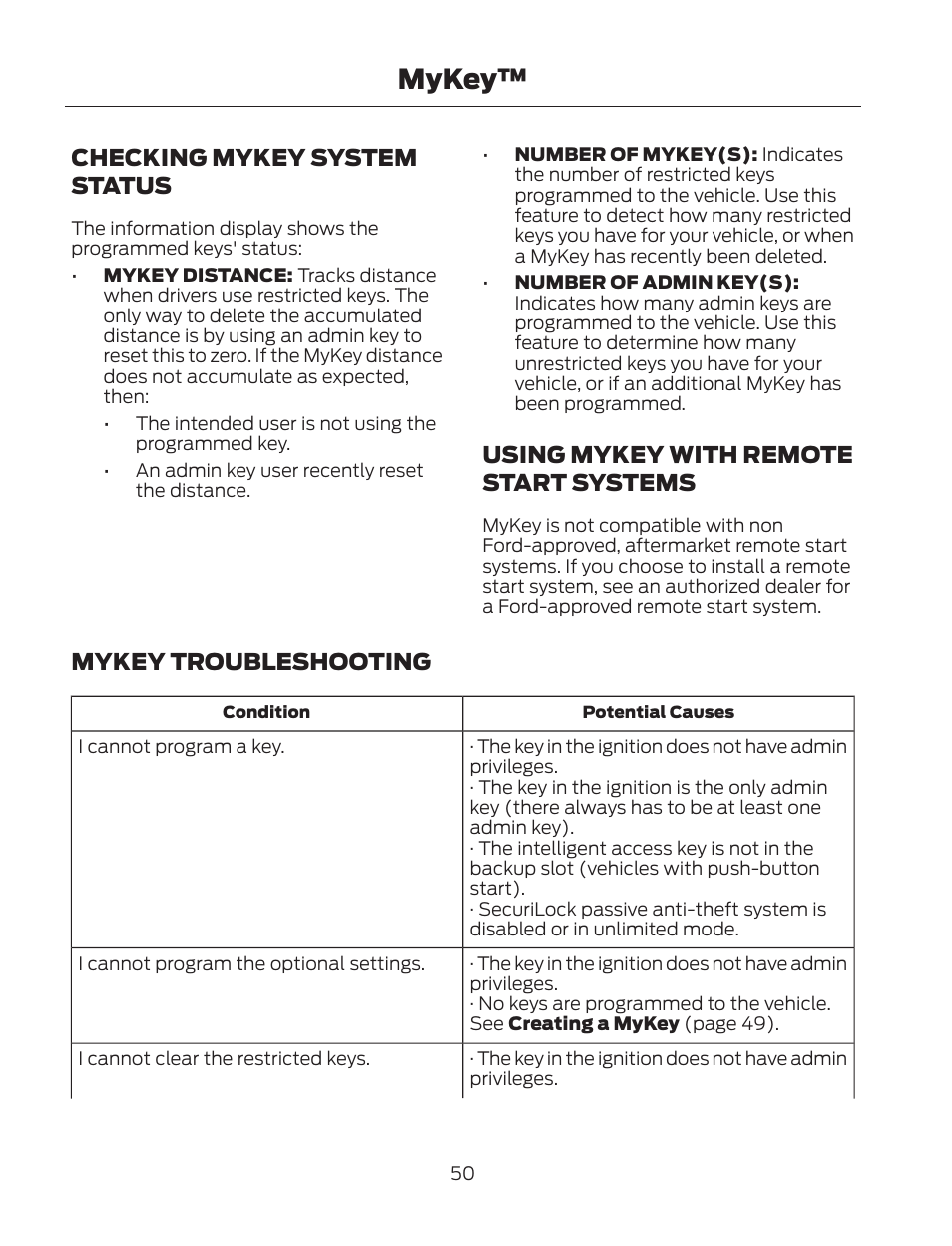 Mykey, Checking mykey system status, Using mykey with remote start systems | Mykey troubleshooting | FORD 2013 Fusion Hybrid v.2 User Manual | Page 53 / 470