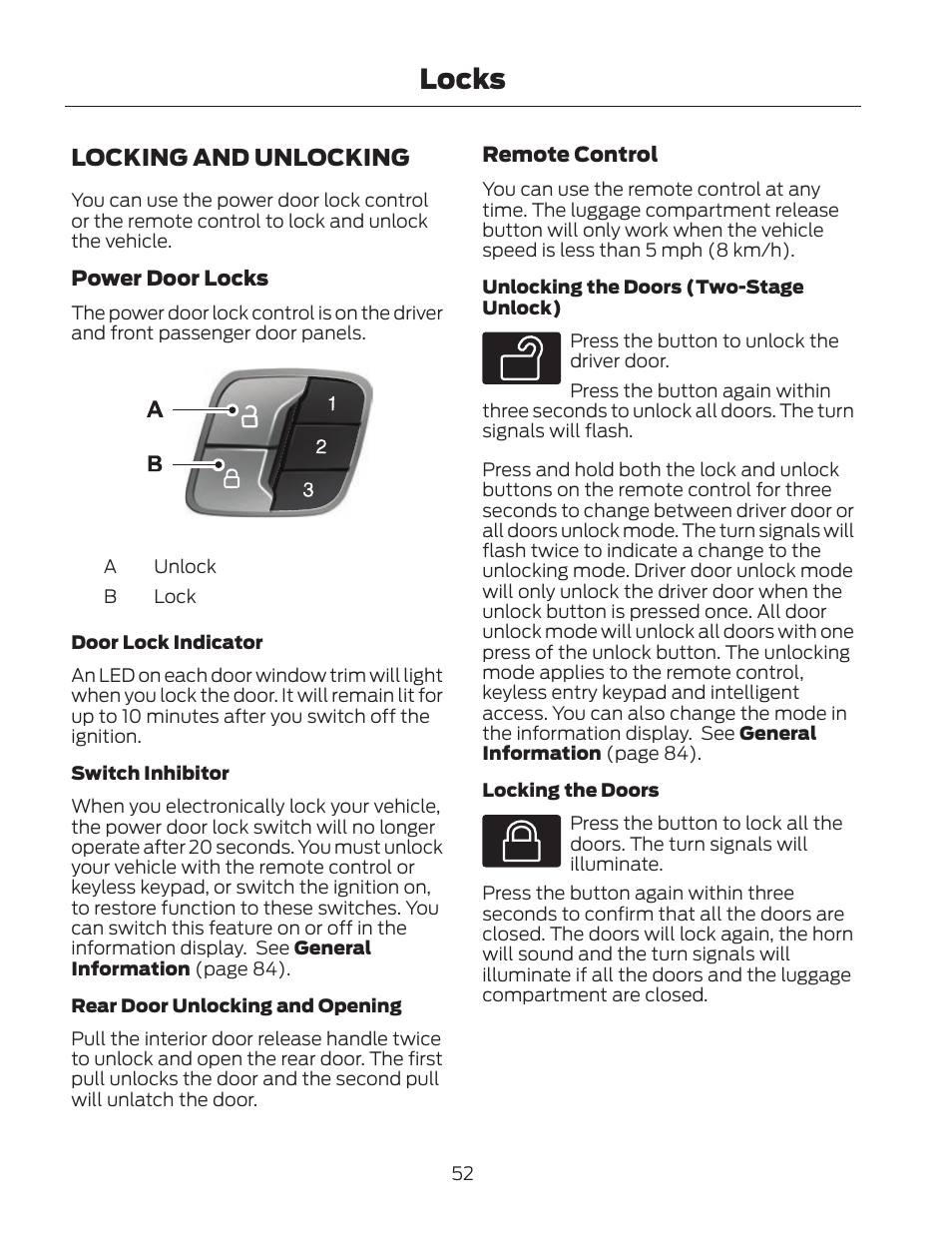 Locks, Locking and unlocking | FORD 2013 Fusion Hybrid v.2 User Manual | Page 55 / 470