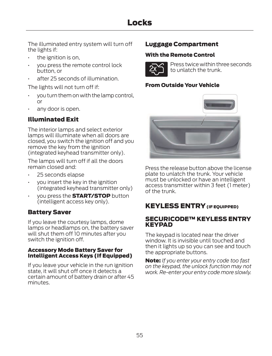 Locks, Keyless entry | FORD 2013 Fusion Hybrid v.2 User Manual | Page 58 / 470