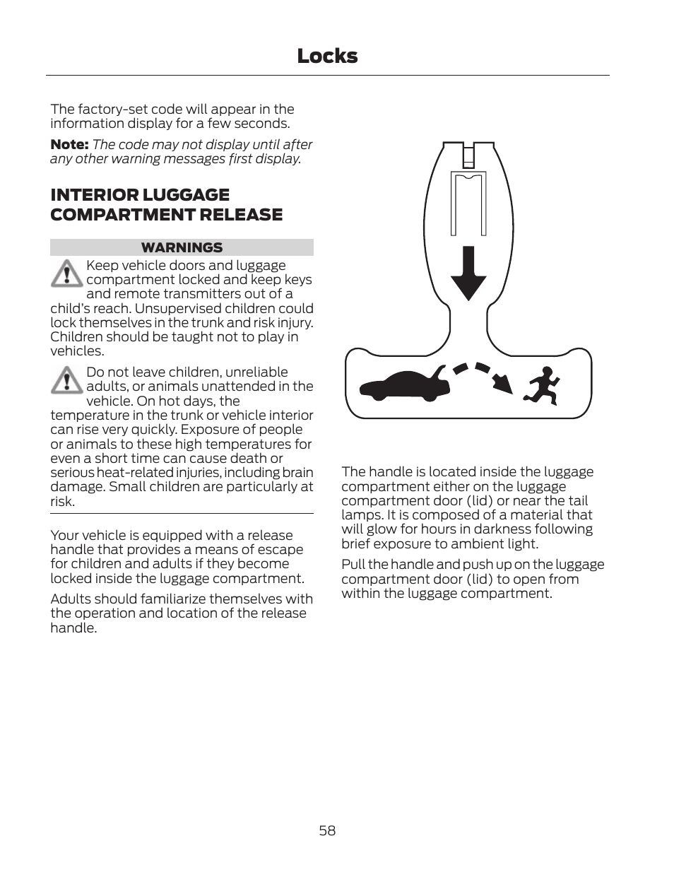 Locks, Interior luggage compartment release | FORD 2013 Fusion Hybrid v.2 User Manual | Page 61 / 470