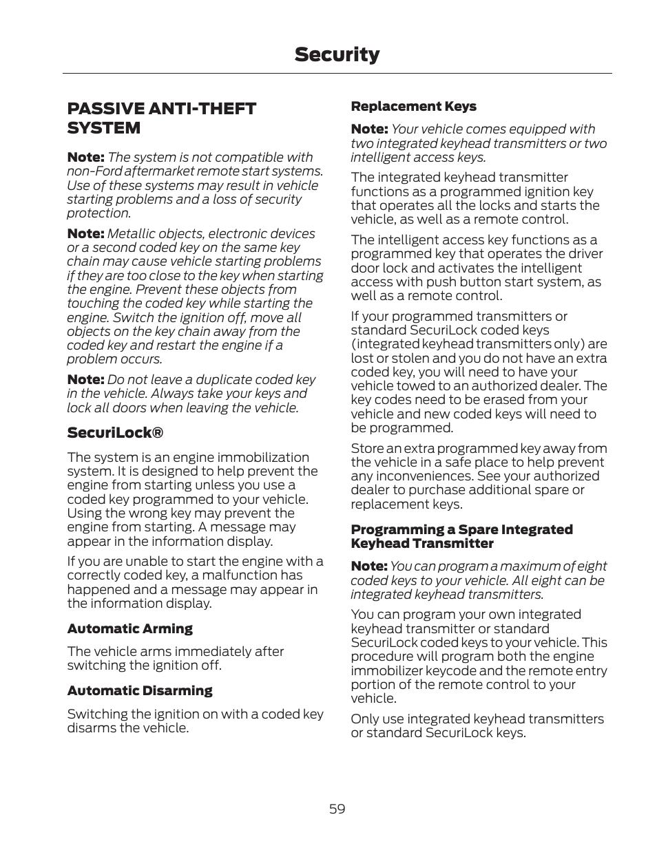 Security, Passive anti-theft system | FORD 2013 Fusion Hybrid v.2 User Manual | Page 62 / 470