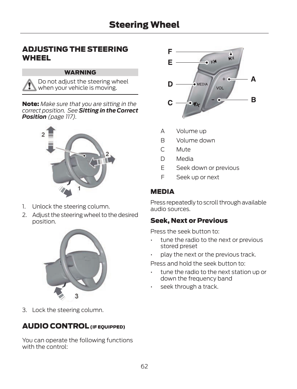 Steering wheel, Adjusting the steering wheel, Audio control | FORD 2013 Fusion Hybrid v.2 User Manual | Page 65 / 470