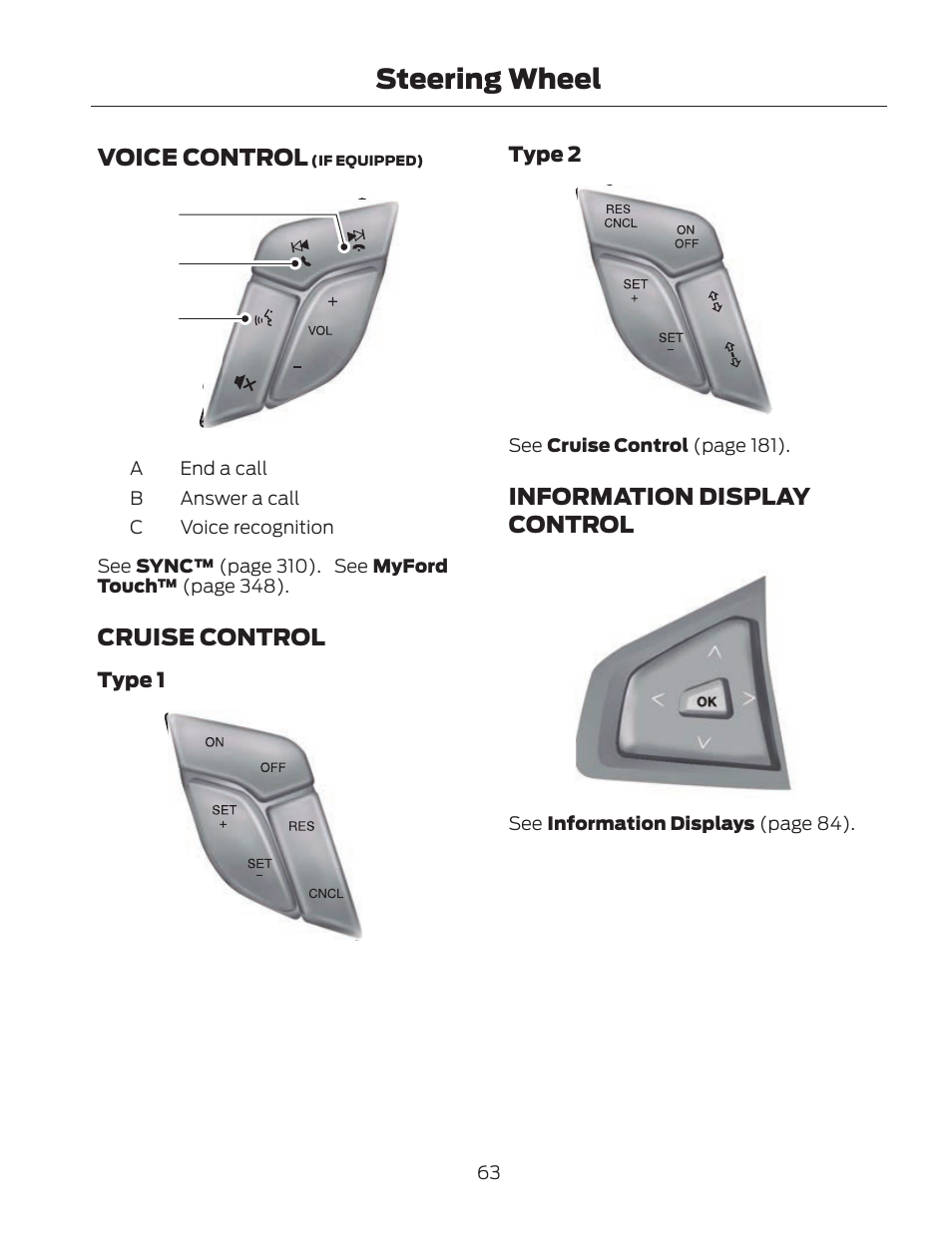 Steering wheel, Voice control, Ba c | Cruise control, Information display control | FORD 2013 Fusion Hybrid v.2 User Manual | Page 66 / 470
