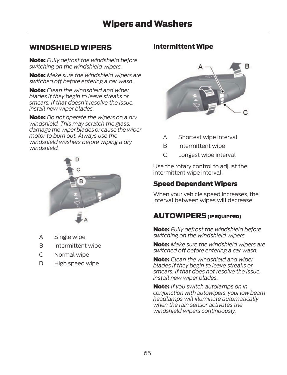 Wipers and washers, Windshield wipers, Autowipers | FORD 2013 Fusion Hybrid v.2 User Manual | Page 68 / 470