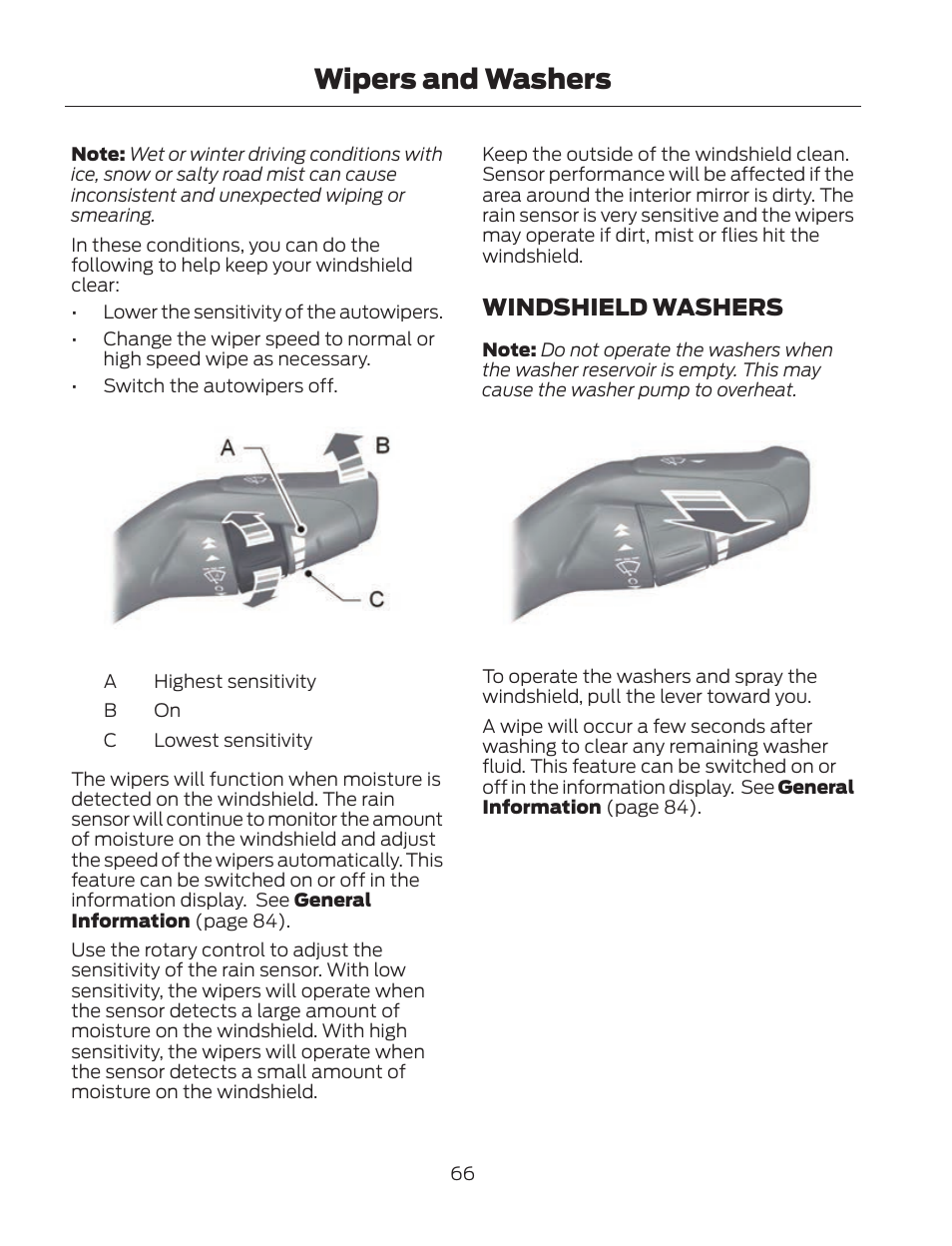 Wipers and washers, Windshield washers | FORD 2013 Fusion Hybrid v.2 User Manual | Page 69 / 470