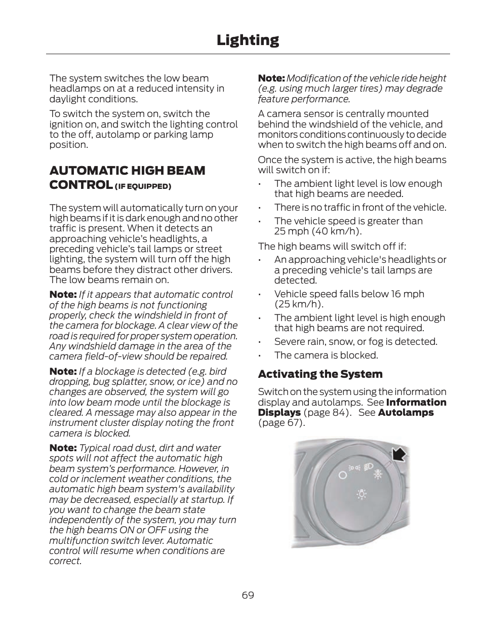 Lighting, Automatic high beam control | FORD 2013 Fusion Hybrid v.2 User Manual | Page 72 / 470