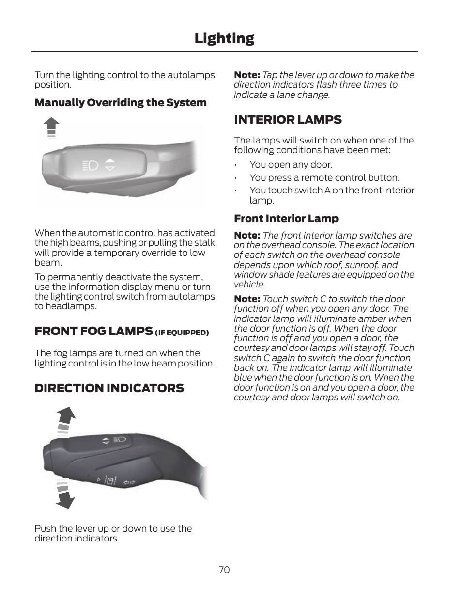 Lighting, Front fog lamps, Direction indicators | Interior lamps | FORD 2013 Fusion Hybrid v.2 User Manual | Page 73 / 470